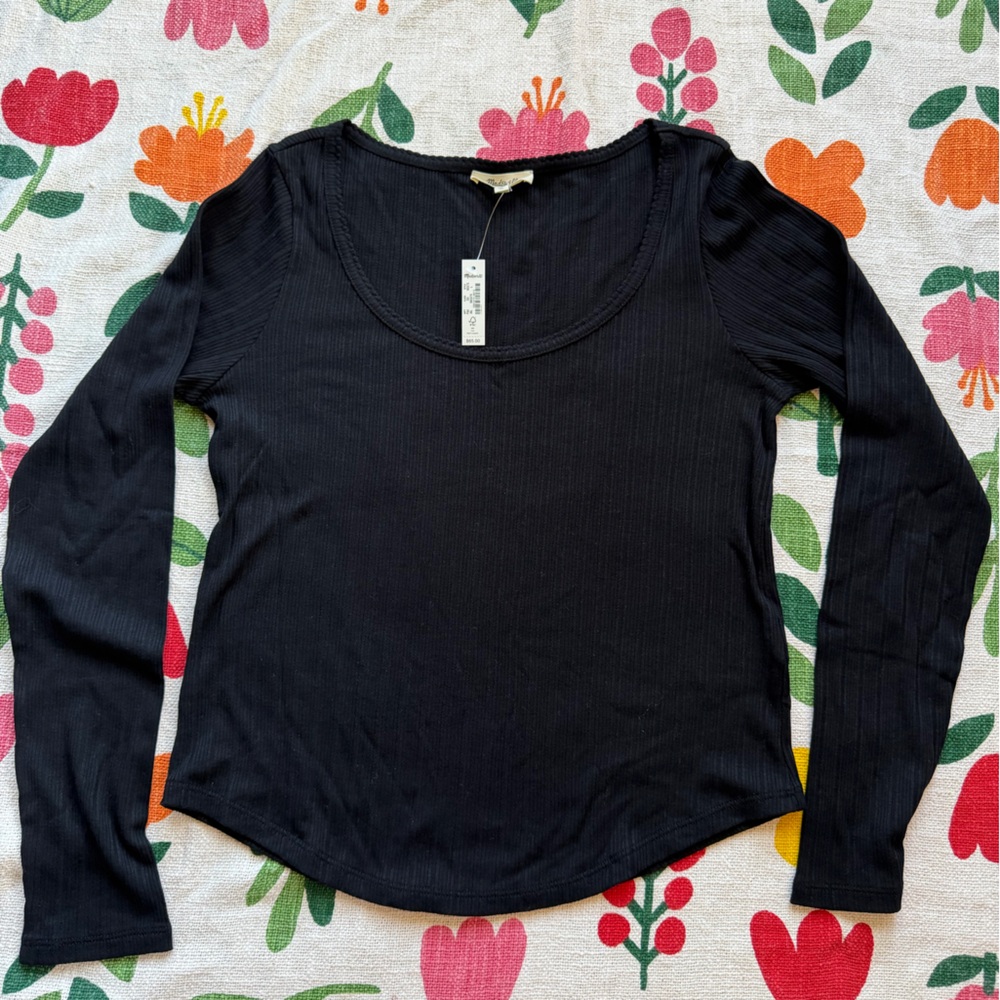 Madewell Black Ribbed Scoop-Neck Long Sleeve Tee